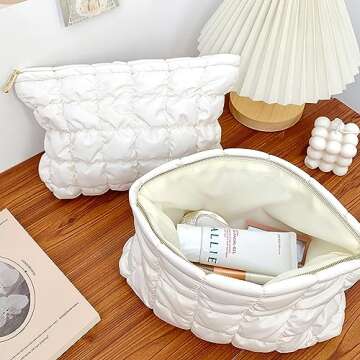 WANNES Cute Cosmetic Bag for Women, Soft and Fluffy Travel Makeup Bag with Durable Zipper, Essential Skincare and Toiletry Organizer Pouches (off-white)