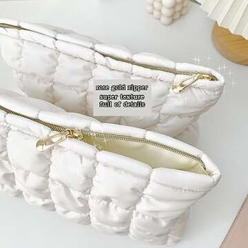 WANNES Cute Cosmetic Bag for Women, Soft and Fluffy Travel Makeup Bag with Durable Zipper, Essential Skincare and Toiletry Organizer Pouches (off-white)