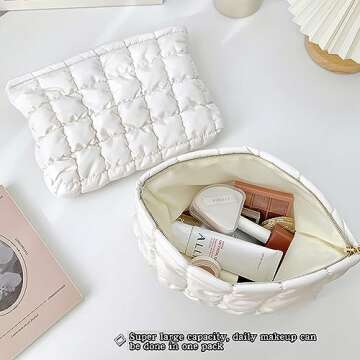 WANNES Cute Cosmetic Bag for Women, Soft and Fluffy Travel Makeup Bag with Durable Zipper, Essential Skincare and Toiletry Organizer Pouches (off-white)