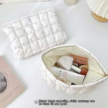 WANNES Cute Cosmetic Bag for Women, Soft and Fluffy Travel Makeup Bag with Durable Zipper, Essential Skincare and Toiletry Organizer Pouches (off-white)