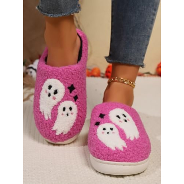 Edobao Womens Mens Ghost Spooky Slippers Fluzzy Memory Foam Halloween Funny Slippers Warm Embroidery Print Plush House Shoes Pink 43-44