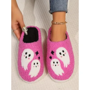 Edobao Womens Mens Ghost Spooky Slippers Fluzzy Memory Foam Halloween Funny Slippers Warm Embroidery Print Plush House Shoes Pink 43-44