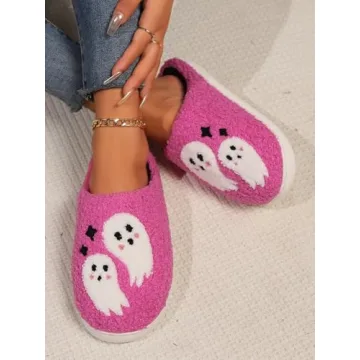 Edobao Womens Mens Ghost Spooky Slippers Fluzzy Memory Foam Halloween Funny Slippers Warm Embroidery Print Plush House Shoes Pink 43-44