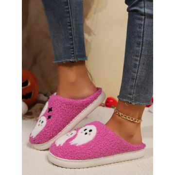 Edobao Womens Mens Ghost Spooky Slippers Fluzzy Memory Foam Halloween Funny Slippers Warm Embroidery Print Plush House Shoes Pink 43-44