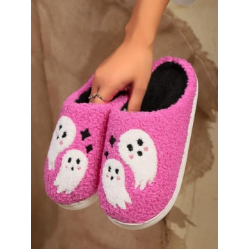 Edobao Womens Mens Ghost Spooky Slippers Fluzzy Memory Foam Halloween Funny Slippers Warm Embroidery Print Plush House Shoes Pink 43-44