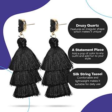 Rave Envy Black Earrings for Women, Black Tassel Earrings for Women, Black Dangle Earrings for Women, Colorful Layered Tassle 3 Tier Bohemian Style