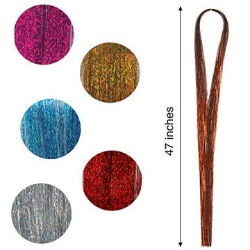 FEBSNOW 47 Inches Tinsel Hair Extension with Tool 12 Colors 2400 Strands Hair Extension Tinsel Kit Glitter Hair Extensions for Women Girls Hair Accessories for Christmas New Year Cosplay Party