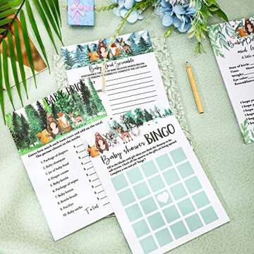 Gersoniel 135 Pieces Woodland Baby Shower Game Cards Forest Animals Baby Shower 5 Games Set Guess Who Mommy or Daddy Well Wishes Bingo Woodland Creatures Theme with Pencils for Boy Girl