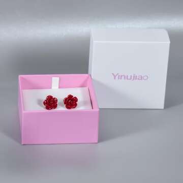 Boho Stud Earrings 925 Sterling Silver Romantic Delicate Black White Red Floral Blooming 3D Carved 14MM Rose Flower -Statement Floral Jewelry for Women Men and Ladies Adults accessory