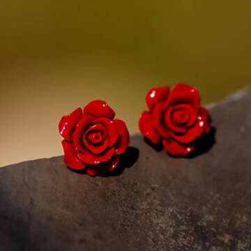 Boho Stud Earrings 925 Sterling Silver Romantic Delicate Black White Red Floral Blooming 3D Carved 14MM Rose Flower -Statement Floral Jewelry for Women Men and Ladies Adults accessory