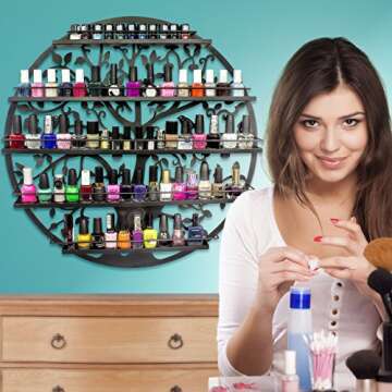 Sorbus Wall Mounted 5 Tier Nail Polish Rack Holder - Tree Silhouette Round Metal Salon Wall Art Disp...