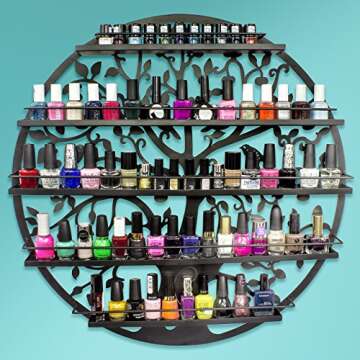 Sorbus Wall Mounted 5 Tier Nail Polish Rack Holder - Tree Silhouette Round Metal Salon Wall Art Display (Black)