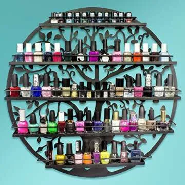 Sorbus Wall Mounted 5 Tier Nail Polish Rack Holder - Tree Silhouette Round Metal Salon Wall Art Display (Black)