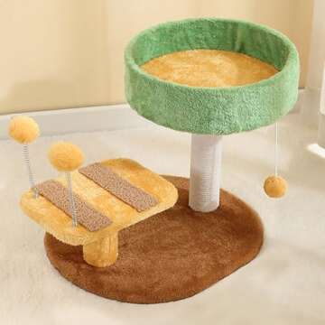 Cat Scratching Post with Bed, Kitten Cat Tree Small Cat Beds Tower Small Cat Tree with Fur Toy Ball for Kittens Green & Yellow