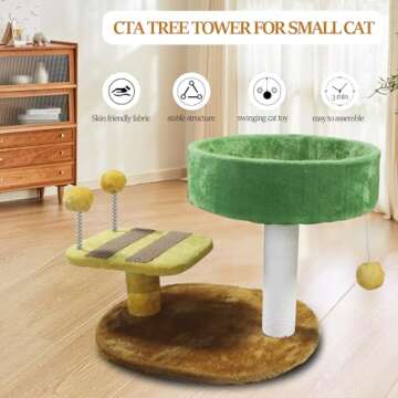 Cat Scratching Post with Bed, Kitten Cat Tree Small Cat Beds Tower Small Cat Tree with Fur Toy Ball for Kittens Green & Yellow