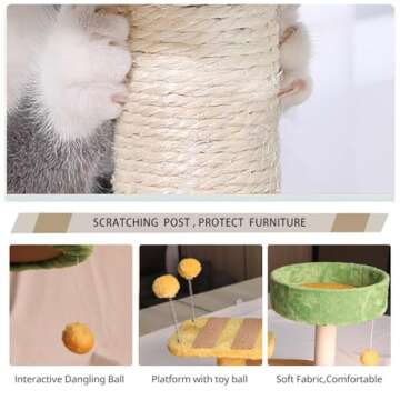 Cat Scratching Post with Bed, Kitten Cat Tree Small Cat Beds Tower Small Cat Tree with Fur Toy Ball for Kittens Green & Yellow