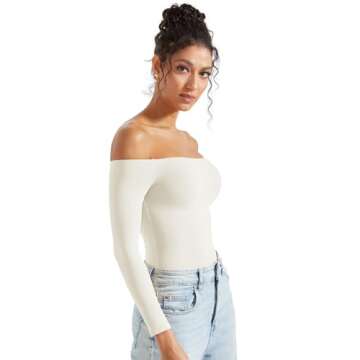 SUUKSESS Women Off the Shoulder Long Sleeve Bodysuit Top Double Lined Sexy Thong Bodysuits Shirts (White,M)