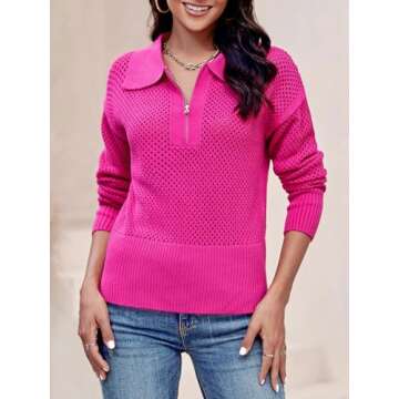 Doshoop Women's Half Zip Pullover Sweaters Crochet Lapel Collar Long Sleeve Knit Solid Color Jumper Tops