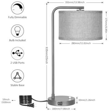 Stylish Gray Bedside Lamp with USB Ports and Dimmable Lighting