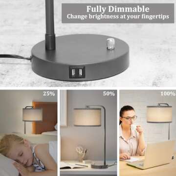 Modern Gray Bedside Lamp with USB Charging Ports