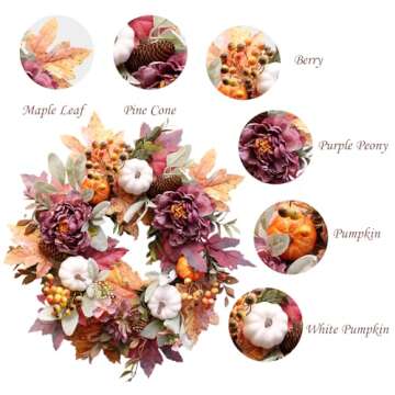 20Inch Fall Wreaths for Front Door,Fall Door Wreath with White Pumpkins Peony Pine Cones Maple Leave...