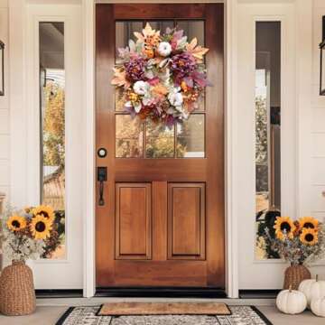 20Inch Fall Wreaths for Front Door,Fall Door Wreath with White Pumpkins Peony Pine Cones Maple Leaves,Autumn Wreaths for Harvest Thanksgiving Halloween Decorations Indoor Outdoor Home Decor