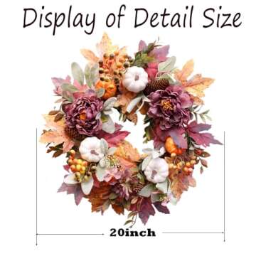 20Inch Fall Wreaths for Front Door,Fall Door Wreath with White Pumpkins Peony Pine Cones Maple Leaves,Autumn Wreaths for Harvest Thanksgiving Halloween Decorations Indoor Outdoor Home Decor