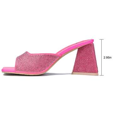 Jiu du Women's Rhinestone Chunky Heeled Sandals Square Open Toe Slip On High Heel Mules Backless Slides Triangle Block Wedges Pumps Slippers Shoes Rose red Size US 9.5 CN 41