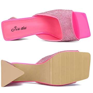 Jiu du Women's Rhinestone Chunky Heeled Sandals Square Open Toe Slip On High Heel Mules Backless Slides Triangle Block Wedges Pumps Slippers Shoes Rose red Size US 9.5 CN 41