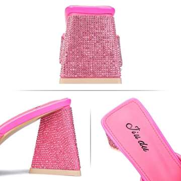 Jiu du Women's Rhinestone Chunky Heeled Sandals Square Open Toe Slip On High Heel Mules Backless Slides Triangle Block Wedges Pumps Slippers Shoes Rose red Size US 9.5 CN 41