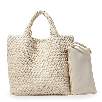 KALIDI Woven Tote Bag, Women Macaron Soft Leather Weave Handbag Purse Wrist Bag Large Capacity Work ...