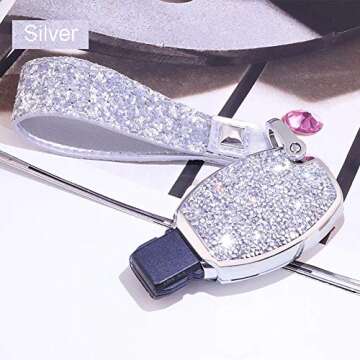 Royalfox(TM) Luxury 2 3 Buttons 3D Bling Girl Smart keyless Entry Remote Key Fob case Cover for Mercedes-Benz A C E S Class Series,GLK CLA GLA GLC GLE CLS SLK AMG Series,with Keychain (Silver)