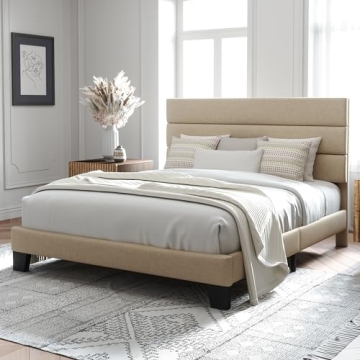 Allewie Queen Size Platform Bed Frame with Upholstered Headboard