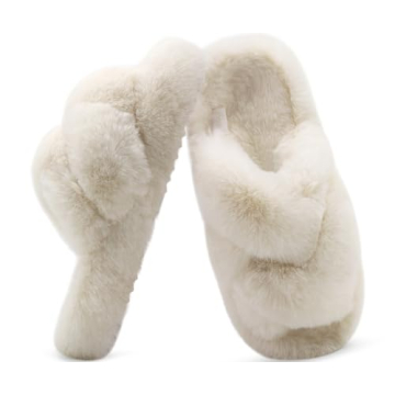 COFACE Women's Fluff Slippers Fuzzy Cross Band Slide Slippers Ladies Comfort Slip On House Slippers ...