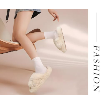 COFACE Women's Fuzzy Cross Band Slide Slippers Comfort