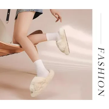 COFACE Women's Fuzzy Cross Band Slide Slippers Comfort