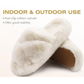 COFACE Women's Fuzzy Cross Band Slide Slippers Comfort