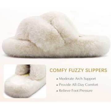 COFACE Women's Fuzzy Cross Band Slide Slippers Comfort