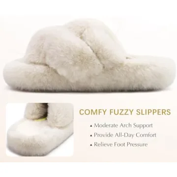 COFACE Women's Fuzzy Cross Band Slide Slippers Comfort