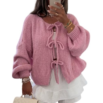 VDWIP Women’s Tie Front Cardigan Sweater Bow Knit Y2K Oversized Cardigan Casual Long Sleeve Open F...