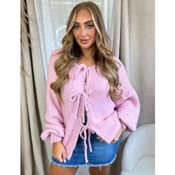 VDWIP Women’s Cozy Tie Front Cardigan Sweater Oversized Pink