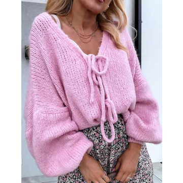 VDWIP Women’s Cozy Tie Front Cardigan Sweater Oversized Pink