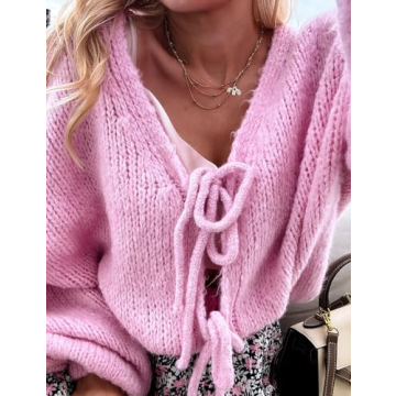 VDWIP Women’s Cozy Tie Front Cardigan Sweater Oversized Pink