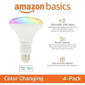 Amazon Basics Smart BR30 LED Light Bulb, Color Changing, 60W Equivalent, 800LM, Works with Alexa Onl...
