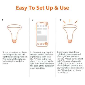 Amazon Basics Smart BR30 LED Light Bulb, Color Changing, 60W Equivalent, 800LM, Works with Alexa Only, 2.4 GHz Wi-Fi, No Hub Required, 4 Pack