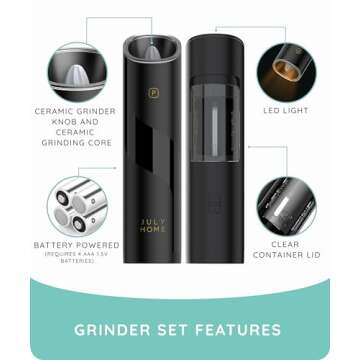 Gravity Electric Salt and Pepper Grinder Set of 2, Battery Operated, Adjustable Coarseness, One Hand Operation, Electric Pepper Grinder LED Light & Cleaning Brush by July Home