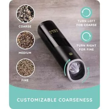 Gravity Electric Salt and Pepper Grinder Set of 2, Battery Operated, Adjustable Coarseness, One Hand Operation, Electric Pepper Grinder LED Light & Cleaning Brush by July Home