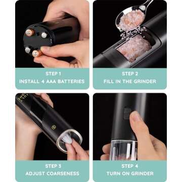 Gravity Electric Salt and Pepper Grinder Set of 2, Battery Operated, Adjustable Coarseness, One Hand Operation, Electric Pepper Grinder LED Light & Cleaning Brush by July Home