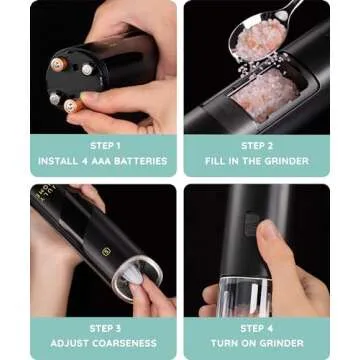 Gravity Electric Salt and Pepper Grinder Set of 2, Battery Operated, Adjustable Coarseness, One Hand Operation, Electric Pepper Grinder LED Light & Cleaning Brush by July Home
