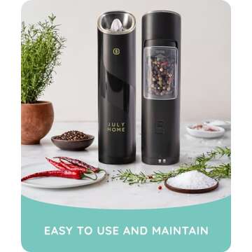 Gravity Electric Salt and Pepper Grinder Set of 2, Battery Operated, Adjustable Coarseness, One Hand Operation, Electric Pepper Grinder LED Light & Cleaning Brush by July Home